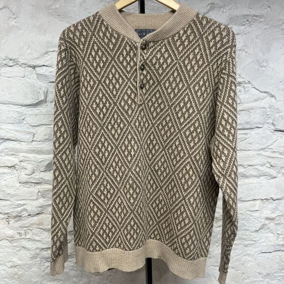 Vintage 90s Guy Risoldi Sweater Henley Pullover Lambswool Textured Geometric - Picture 1 of 7